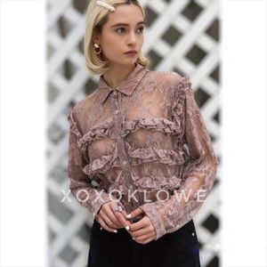 POL Floral Lace Button Down Ruffle Shirt